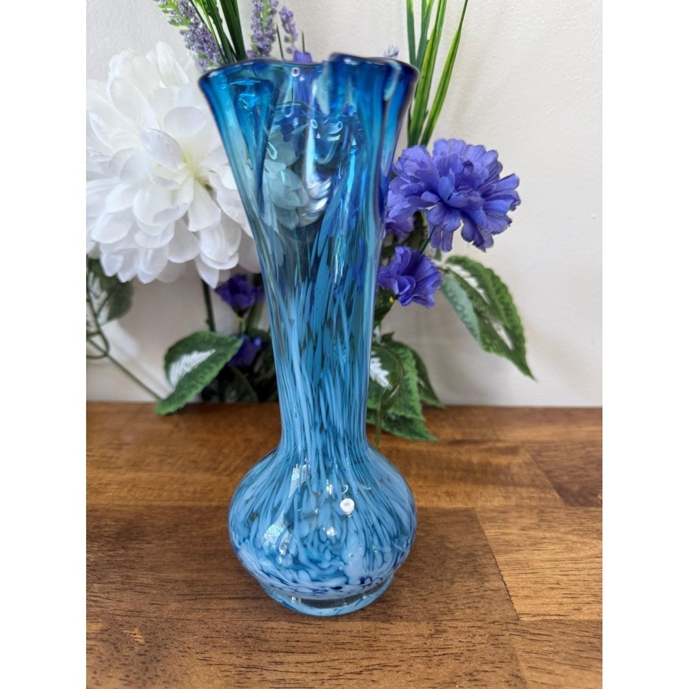 Vintage Hand Blown Art Glass Vase – Blue and White Swirl Ruffled Rim Mid-Century